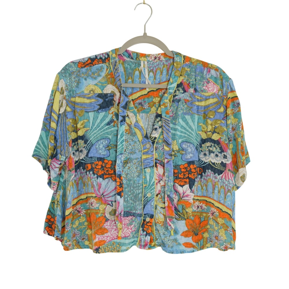 Anthropologie Boho Floral Cropped Shirt Blouse Multi Color Tie Neck Size Small